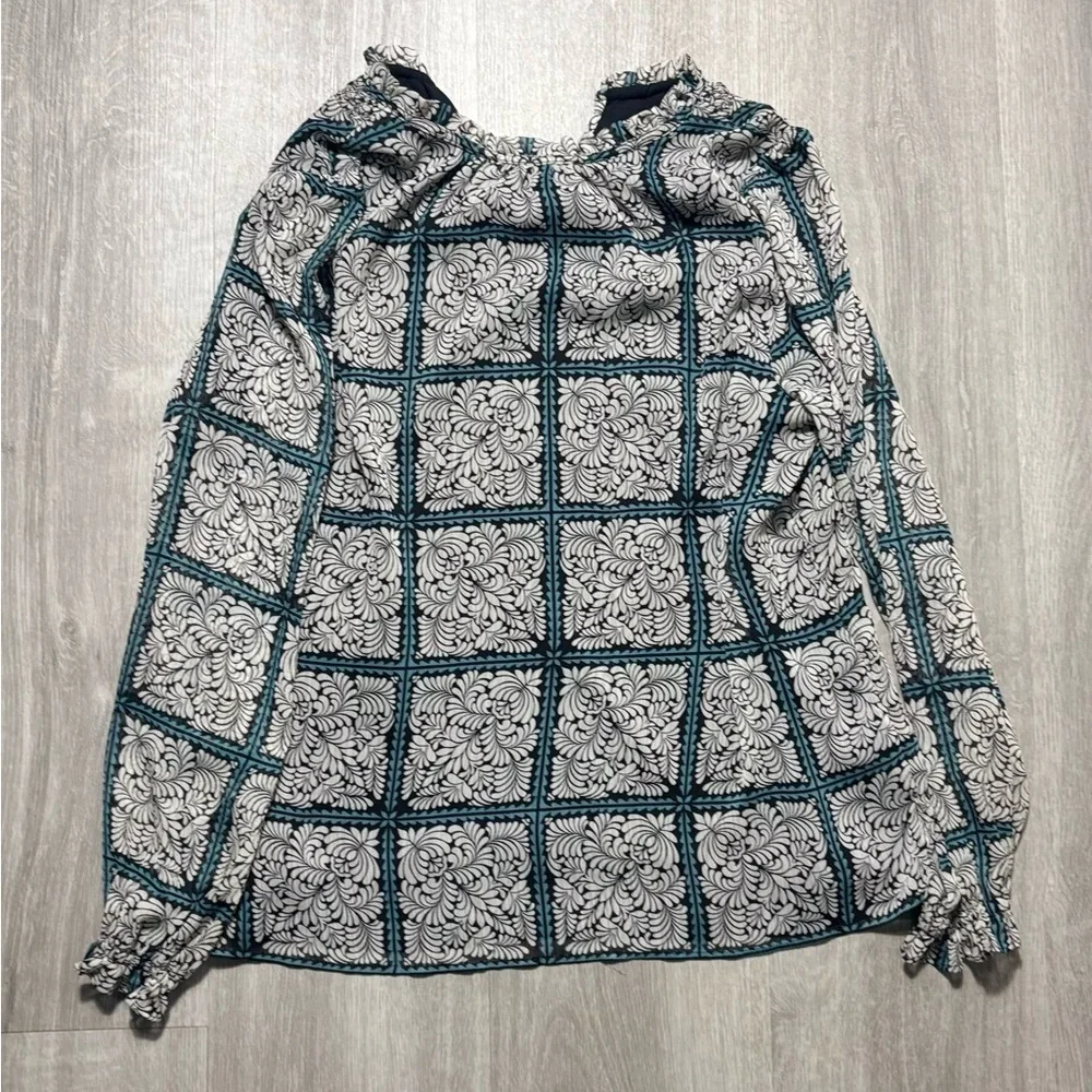 LOFT Scroll Smocked Tie Neck Blouse Size Medium
